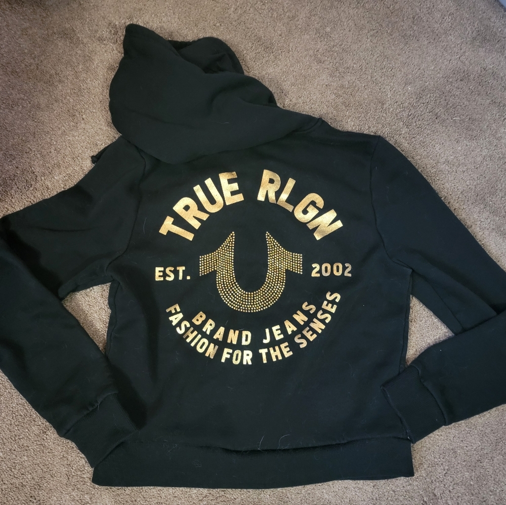 True Religion Black Hoodie with Gold Detailing Sz Large Juniors